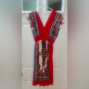 V Neck Red and Multicolor Paisley Print Women's Dress Large No tag